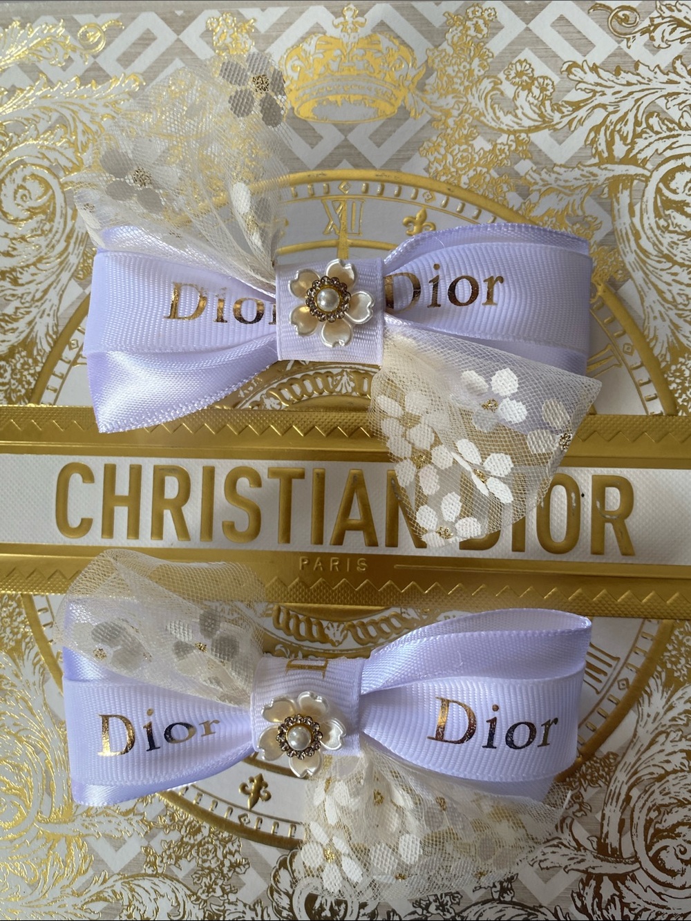 Handmade Girls Dior Lavender Ribbon Bow Hair Clips with Gold Accents